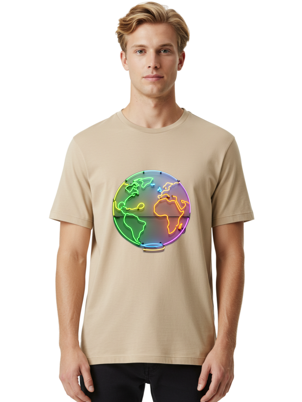 Globe-6 Men'S Graphic Tee, 100% Cotton, Comfortable Casual Summer Wear, Machine Washable, Neon Globe, World Map, Colorful Signage, Led Light Art, Global Navigation, Earth Signage, Colorful Decoration, Neon Lights Baa746