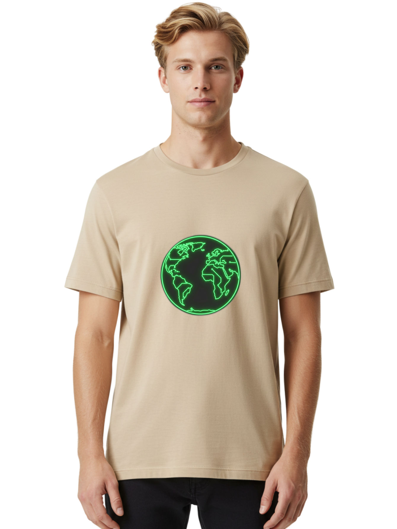 Globe-7 Men'S Graphic Tee, 100% Cotton, Comfortable Casual Summer Wear, Machine Washable, Globe Icon, World Map, Global Illustration, Neon Outline, Minimalist Design, Earth Symbol, International Representation Baa747