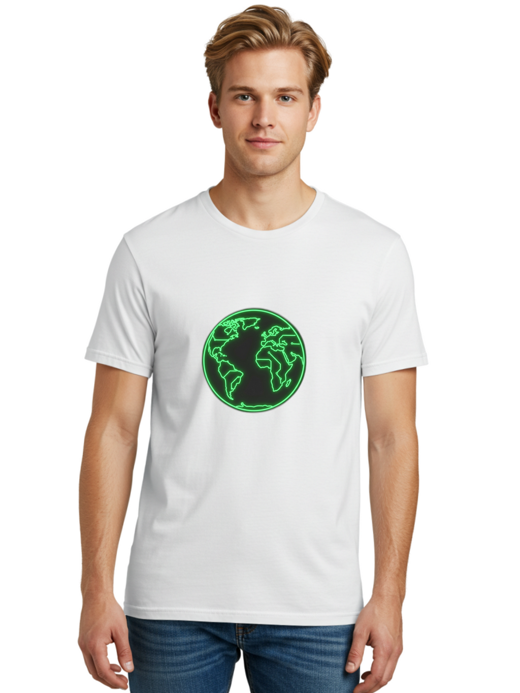 Globe-7 Men'S Graphic Tee, 100% Cotton, Comfortable Casual Summer Wear, Machine Washable, Globe Icon, World Map, Global Illustration, Neon Outline, Minimalist Design, Earth Symbol, International Representation Baa747