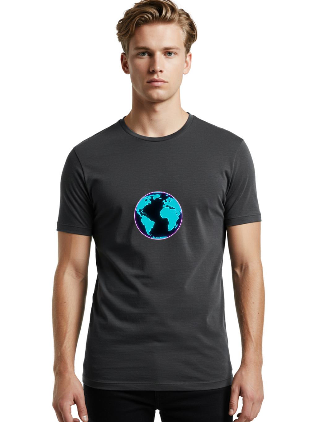 Globe-9 Men'S Graphic Tee, 100% Cotton, Comfortable Casual Summer Wear, Machine Washable, Globe, World Map, Blue And Black Silhouette, Centered, Visual Representation, Earth'S Surface, Americas Centered, Pink Outline, Modern Design, Baa749