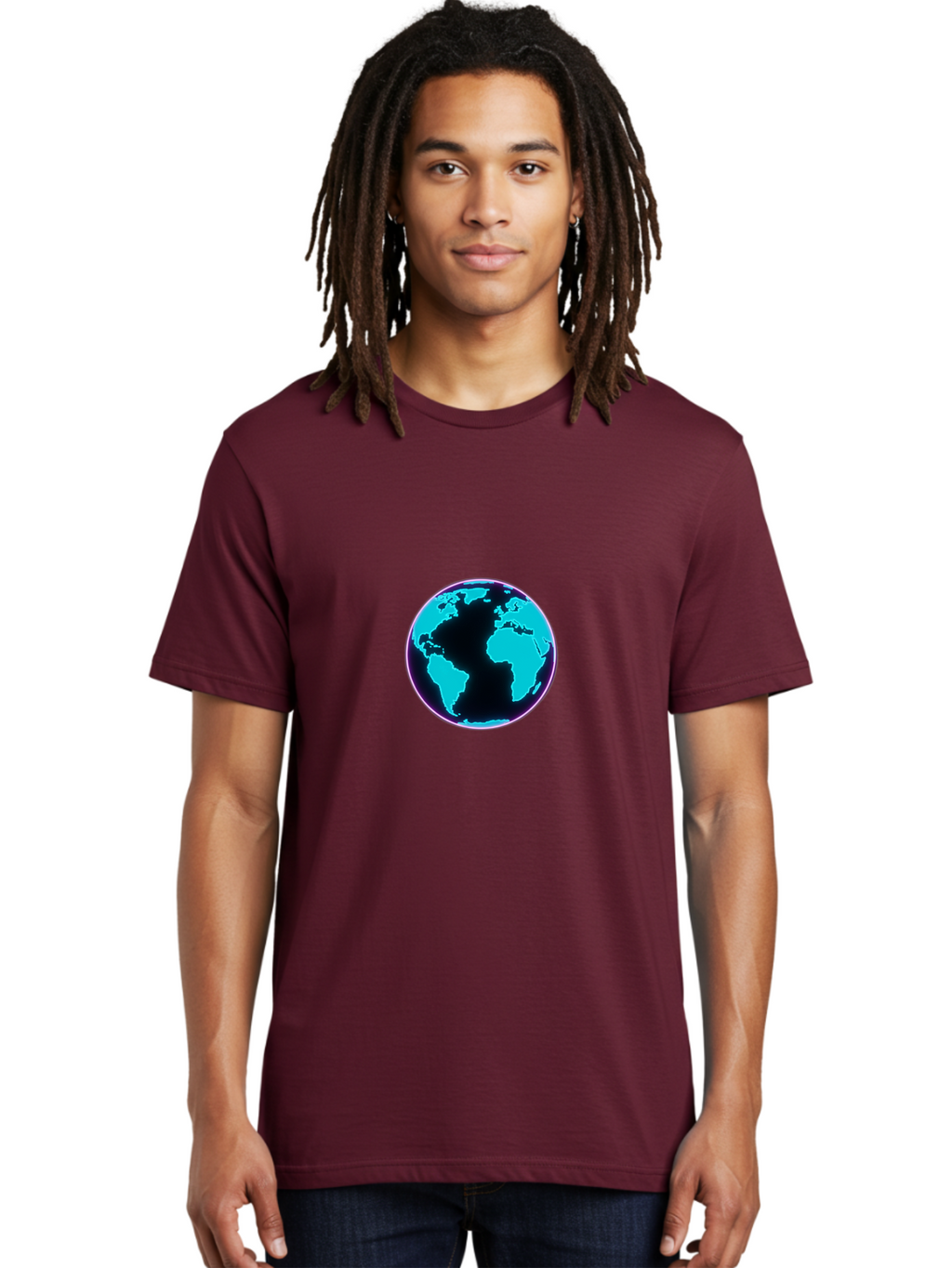 Globe-9 Men'S Graphic Tee, 100% Cotton, Comfortable Casual Summer Wear, Machine Washable, Globe, World Map, Blue And Black Silhouette, Centered, Visual Representation, Earth'S Surface, Americas Centered, Pink Outline, Modern Design, Baa749