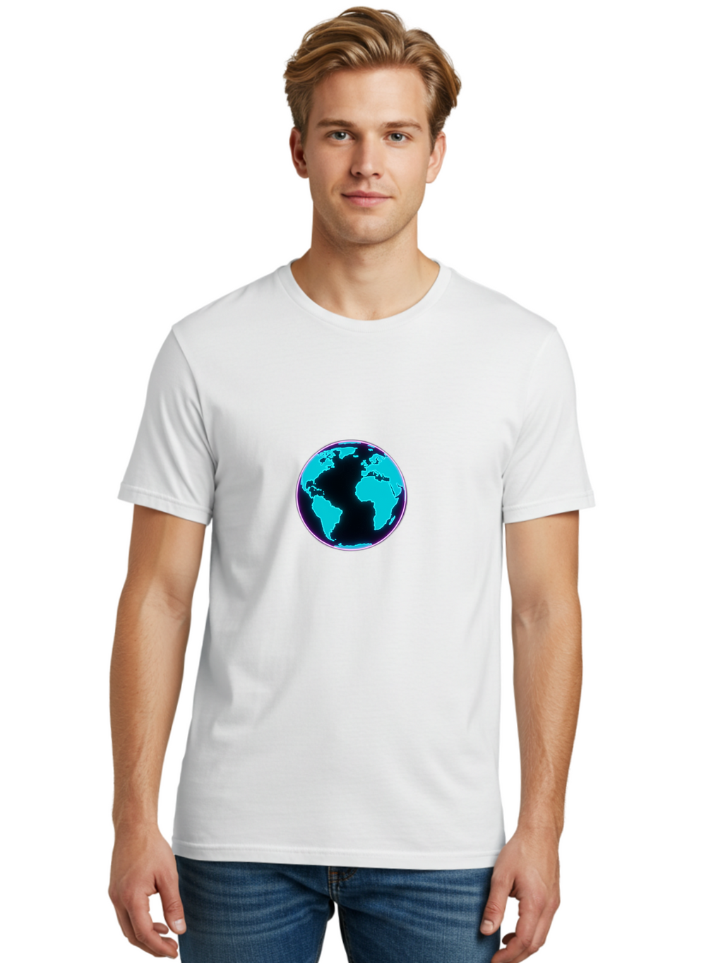 Globe-9 Men'S Graphic Tee, 100% Cotton, Comfortable Casual Summer Wear, Machine Washable, Globe, World Map, Blue And Black Silhouette, Centered, Visual Representation, Earth'S Surface, Americas Centered, Pink Outline, Modern Design, Baa749