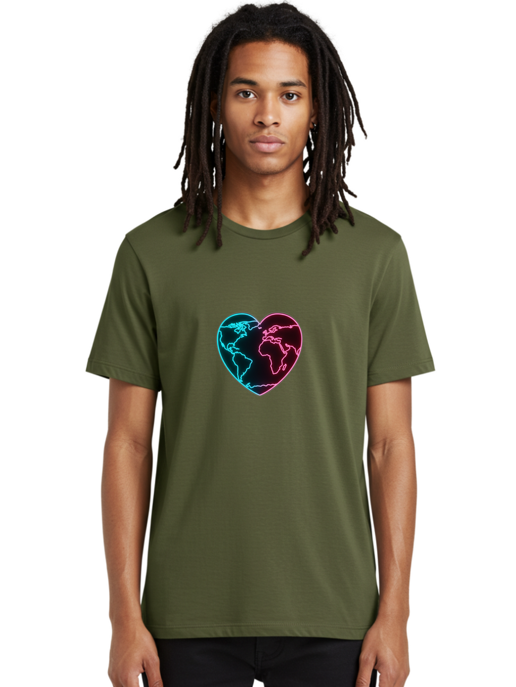 Globe-Heart Men'S Graphic Tee, 100% Cotton, Comfortable Casual Summer Wear, Machine Washable, Glowing World Map, Heart Shape, Neon Light, Global Unity, Love For The Planet, Blue And Pink Glow, Futuristic Design, Symbolic Representation Baa750