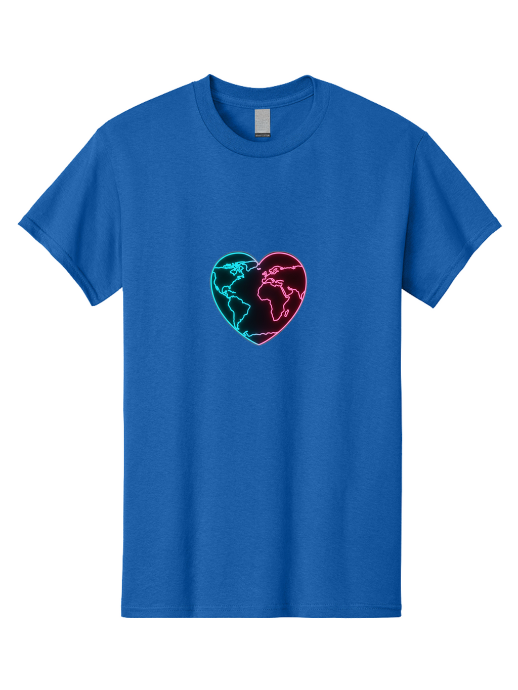 Globe-Heart Men'S Graphic Tee, 100% Cotton, Comfortable Casual Summer Wear, Machine Washable, Glowing World Map, Heart Shape, Neon Light, Global Unity, Love For The Planet, Blue And Pink Glow, Futuristic Design, Symbolic Representation Baa750