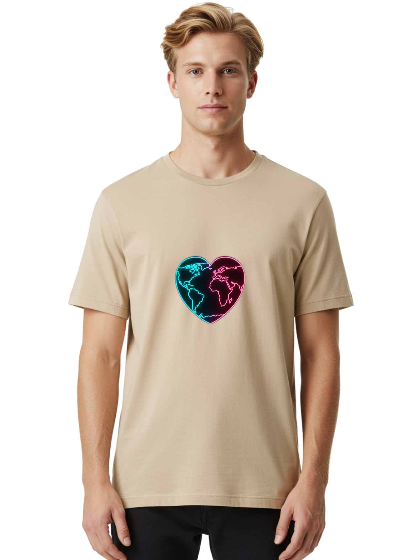 Globe-Heart Men'S Graphic Tee, 100% Cotton, Comfortable Casual Summer Wear, Machine Washable, Glowing World Map, Heart Shape, Neon Light, Global Unity, Love For The Planet, Blue And Pink Glow, Futuristic Design, Symbolic Representation Baa750