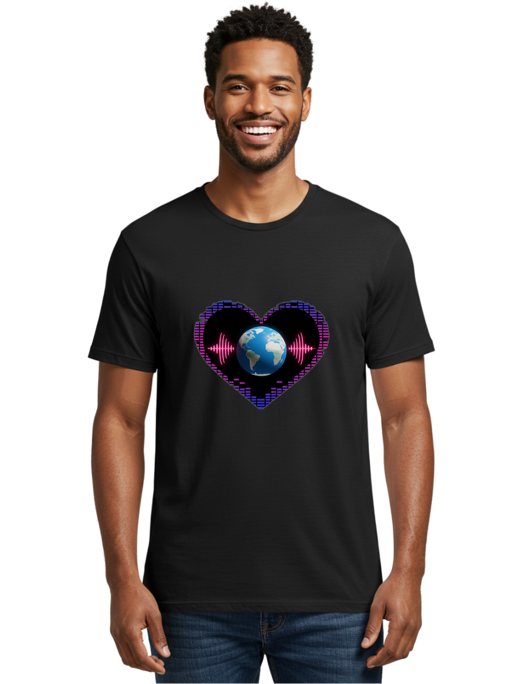 Globe-Heartbeat Men'S Graphic Tee, 100% Cotton, Comfortable Casual Summer Wear, Machine Washable, Globe In Heart Shape, Digital Graphic, Sound Wave, Earth Love, Global Unity, Tech Art, Futuristic Design, Pixel Art Baa751
