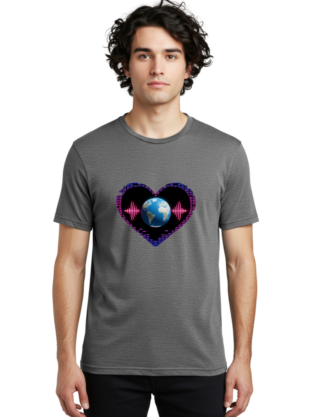 Globe-Heartbeat Men'S Graphic Tee, 100% Cotton, Comfortable Casual Summer Wear, Machine Washable, Globe In Heart Shape, Digital Graphic, Sound Wave, Earth Love, Global Unity, Tech Art, Futuristic Design, Pixel Art Baa751
