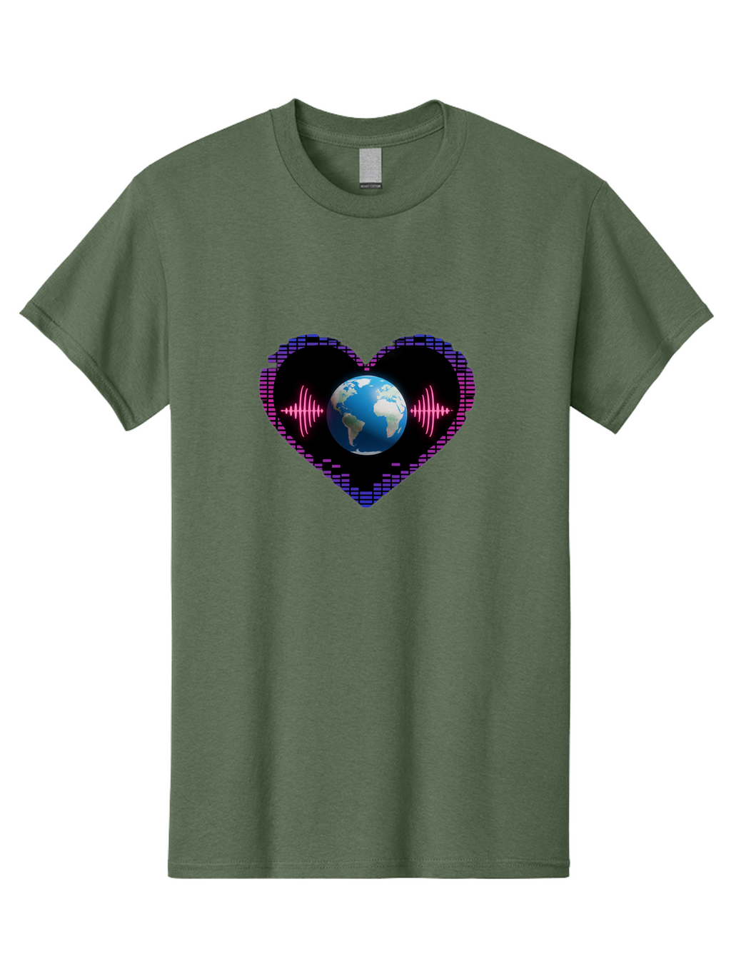 Globe-Heartbeat Men'S Graphic Tee, 100% Cotton, Comfortable Casual Summer Wear, Machine Washable, Globe In Heart Shape, Digital Graphic, Sound Wave, Earth Love, Global Unity, Tech Art, Futuristic Design, Pixel Art Baa751