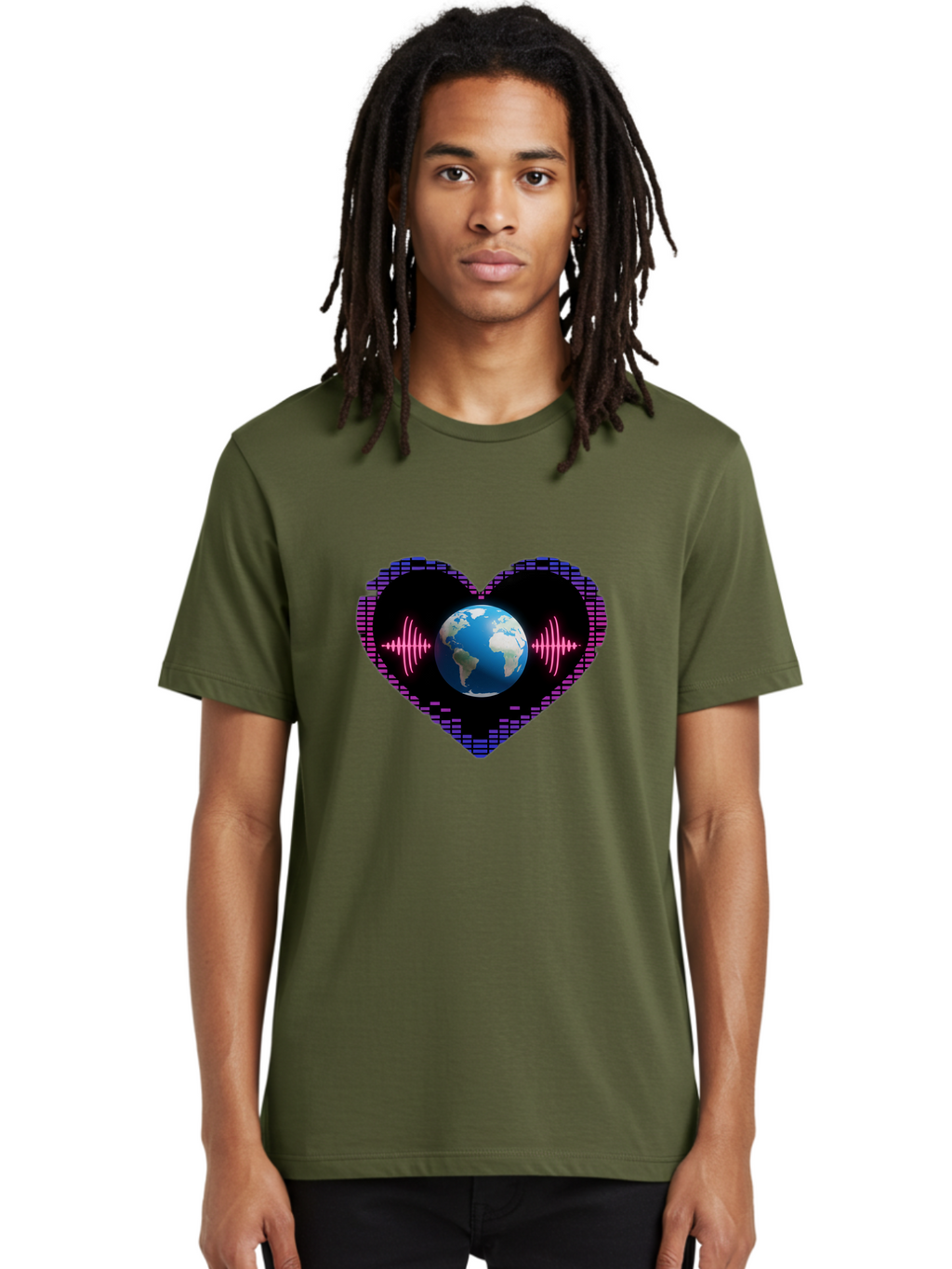 Globe-Heartbeat Men'S Graphic Tee, 100% Cotton, Comfortable Casual Summer Wear, Machine Washable, Globe In Heart Shape, Digital Graphic, Sound Wave, Earth Love, Global Unity, Tech Art, Futuristic Design, Pixel Art Baa751