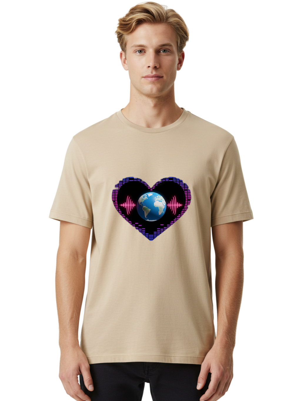 Globe-Heartbeat Men'S Graphic Tee, 100% Cotton, Comfortable Casual Summer Wear, Machine Washable, Globe In Heart Shape, Digital Graphic, Sound Wave, Earth Love, Global Unity, Tech Art, Futuristic Design, Pixel Art Baa751