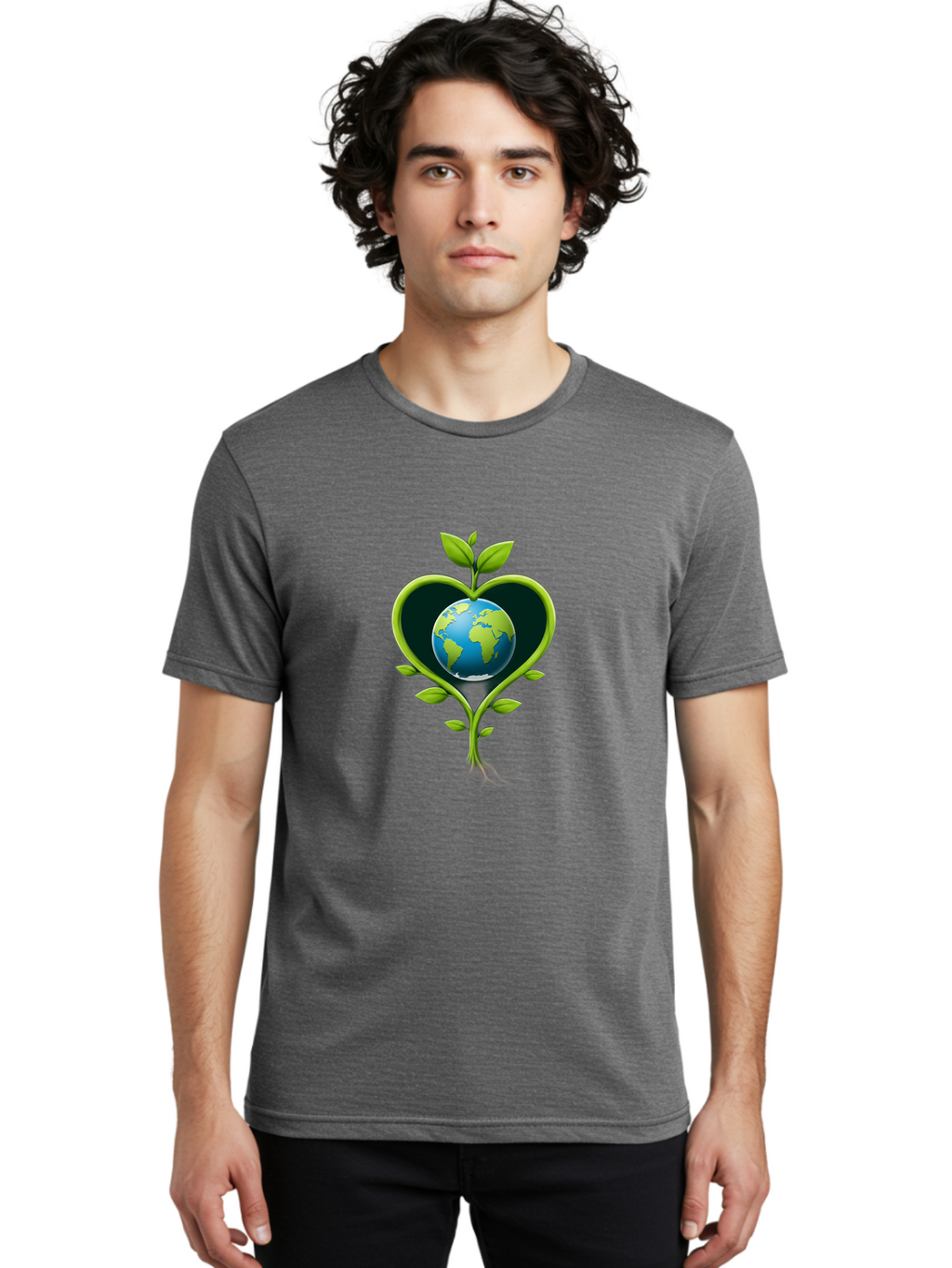Globe-In-Heart-1 Men'S Graphic Tee, 100% Cotton, Comfortable Casual Summer Wear, Machine Washable, Globe In Heart Shape, Love For The Planet, Eco-Friendly, Green Leaves, Environmental Conservation, Sustainable Living, Earth Care, Heartwarming, Baa752