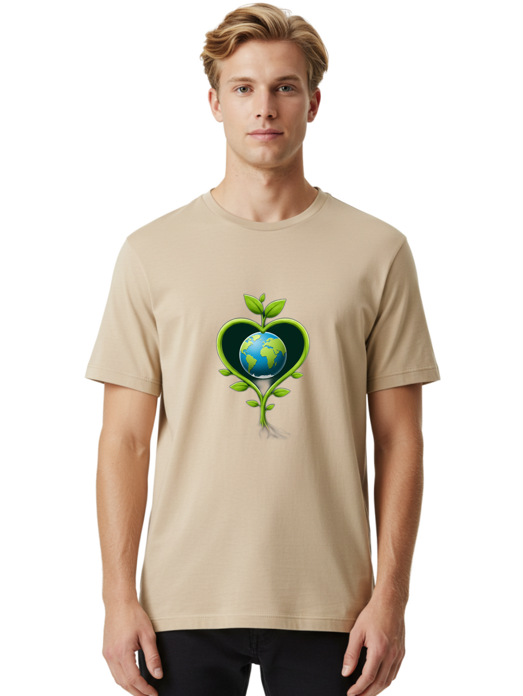 Globe-In-Heart-1 Men'S Graphic Tee, 100% Cotton, Comfortable Casual Summer Wear, Machine Washable, Globe In Heart Shape, Love For The Planet, Eco-Friendly, Green Leaves, Environmental Conservation, Sustainable Living, Earth Care, Heartwarming, Baa752