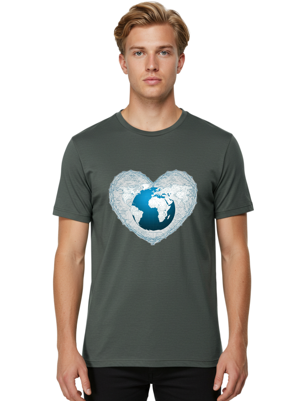 Globe-In-Heart-2 Men'S Graphic Tee, 100% Cotton, Comfortable Casual Summer Wear, Machine Washable, Globe In Heart Shape, World Map, Love For The Earth, Global Unity, Blue Gradient, Wireframe Design, Earth Illustration, Heart-Shaped Globe Baa753