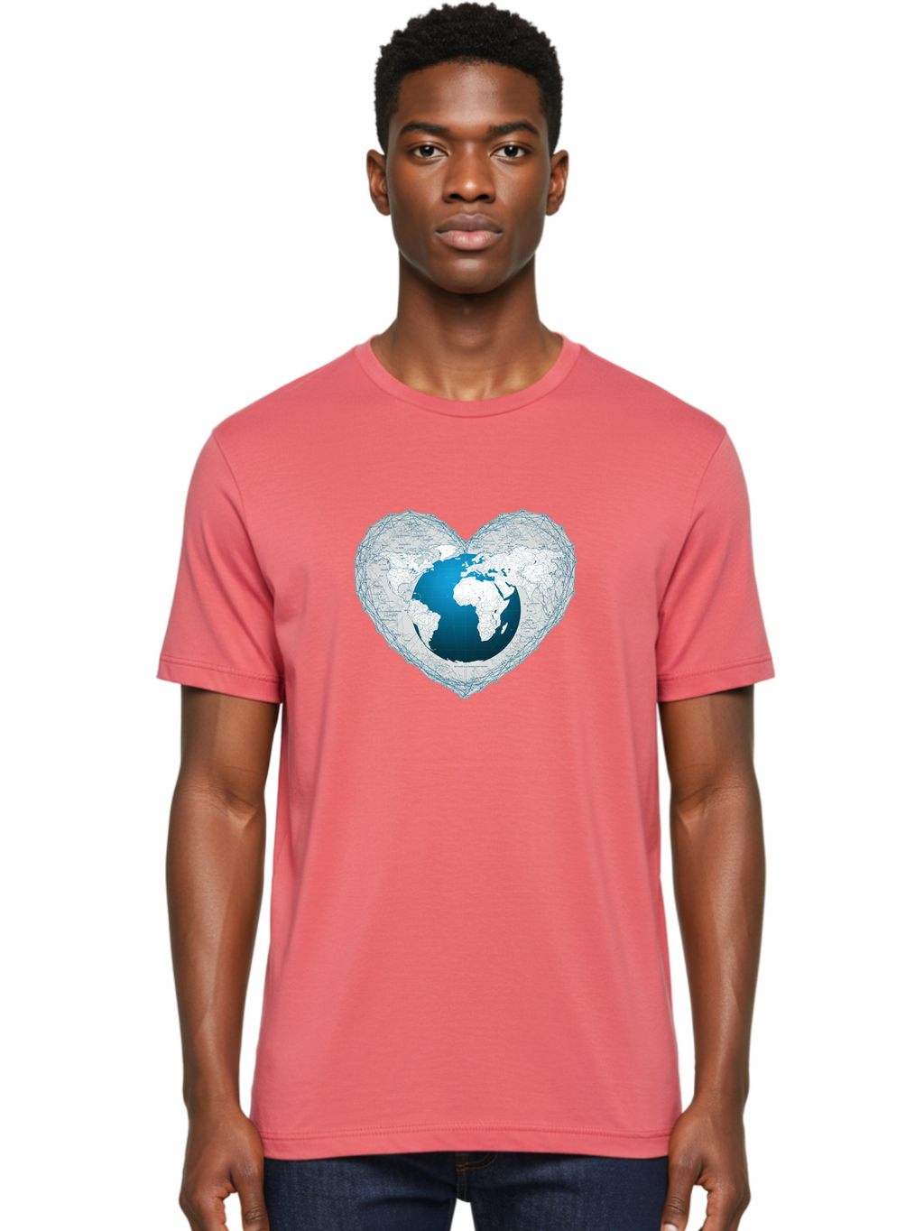 Globe-In-Heart-2 Men'S Graphic Tee, 100% Cotton, Comfortable Casual Summer Wear, Machine Washable, Globe In Heart Shape, World Map, Love For The Earth, Global Unity, Blue Gradient, Wireframe Design, Earth Illustration, Heart-Shaped Globe Baa753