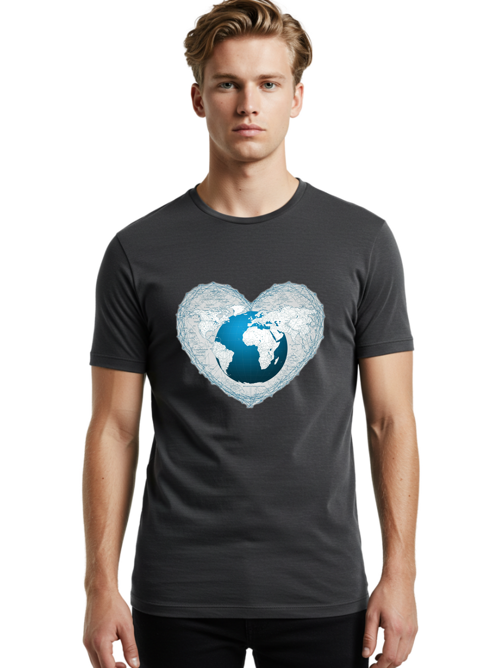 Globe-In-Heart-2 Men'S Graphic Tee, 100% Cotton, Comfortable Casual Summer Wear, Machine Washable, Globe In Heart Shape, World Map, Love For The Earth, Global Unity, Blue Gradient, Wireframe Design, Earth Illustration, Heart-Shaped Globe Baa753
