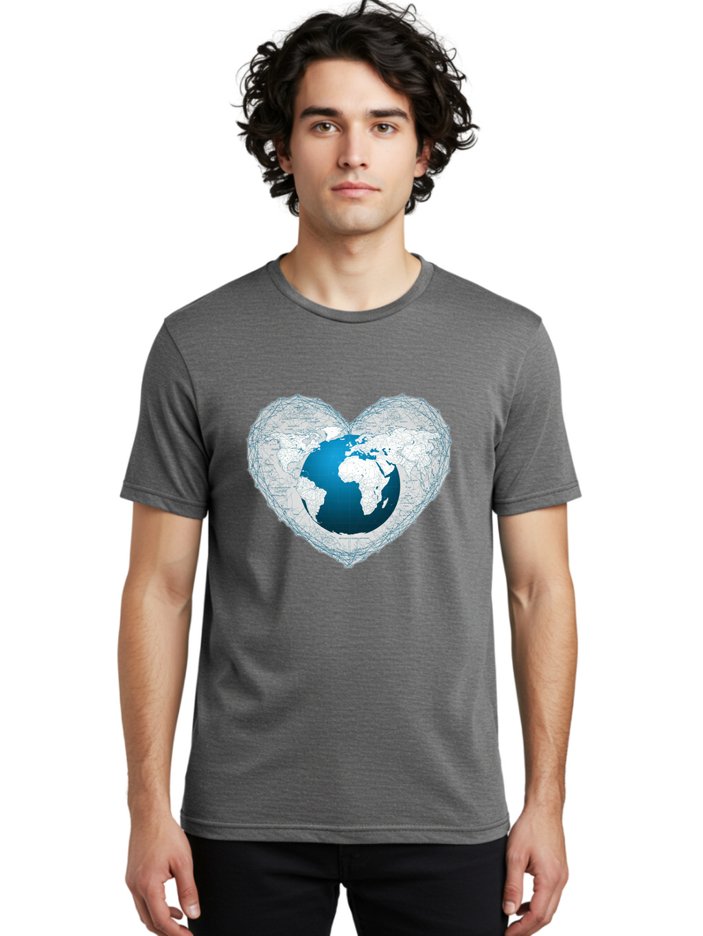 Globe-In-Heart-2 Men'S Graphic Tee, 100% Cotton, Comfortable Casual Summer Wear, Machine Washable, Globe In Heart Shape, World Map, Love For The Earth, Global Unity, Blue Gradient, Wireframe Design, Earth Illustration, Heart-Shaped Globe Baa753