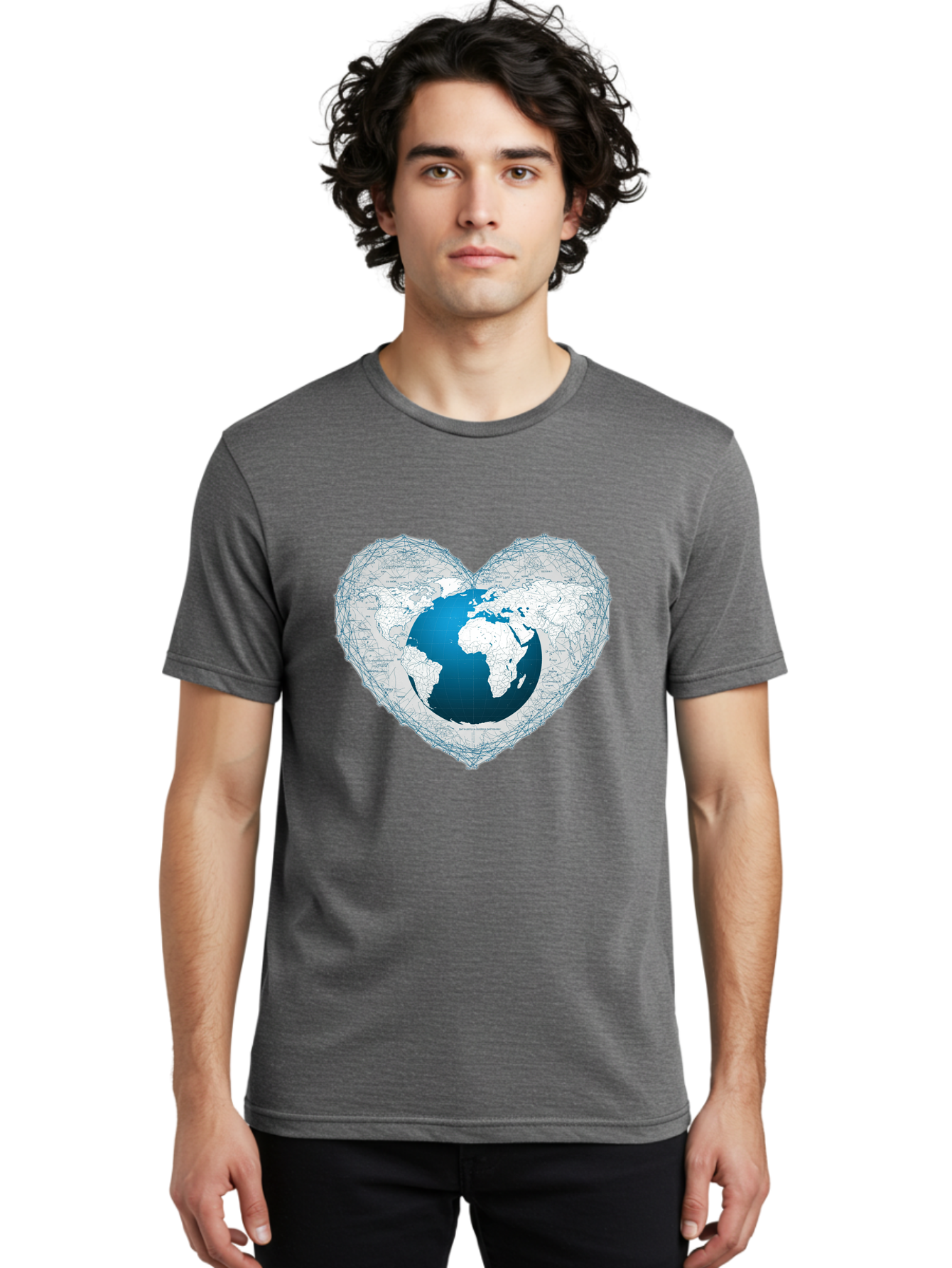 Globe-In-Heart-2 Men'S Graphic Tee, 100% Cotton, Comfortable Casual Summer Wear, Machine Washable, Globe In Heart Shape, World Map, Love For The Earth, Global Unity, Blue Gradient, Wireframe Design, Earth Illustration, Heart-Shaped Globe Baa753