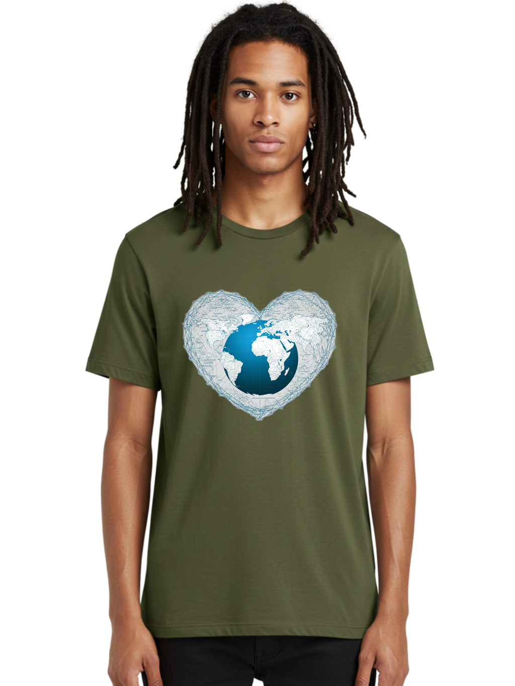 Globe-In-Heart-2 Men'S Graphic Tee, 100% Cotton, Comfortable Casual Summer Wear, Machine Washable, Globe In Heart Shape, World Map, Love For The Earth, Global Unity, Blue Gradient, Wireframe Design, Earth Illustration, Heart-Shaped Globe Baa753
