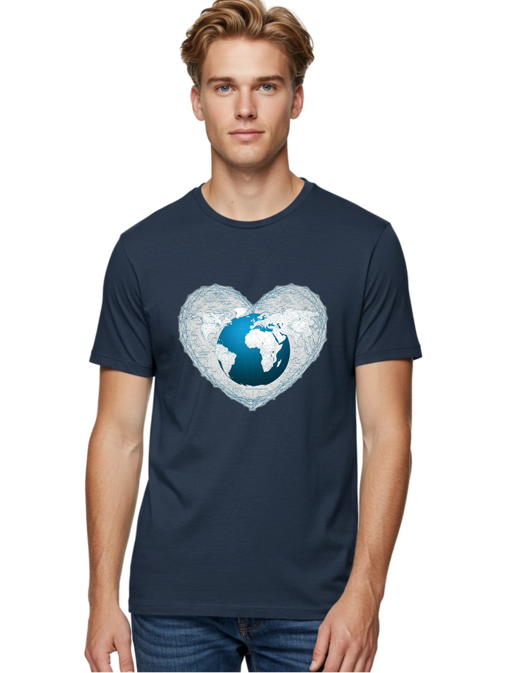 Globe-In-Heart-2 Men'S Graphic Tee, 100% Cotton, Comfortable Casual Summer Wear, Machine Washable, Globe In Heart Shape, World Map, Love For The Earth, Global Unity, Blue Gradient, Wireframe Design, Earth Illustration, Heart-Shaped Globe Baa753
