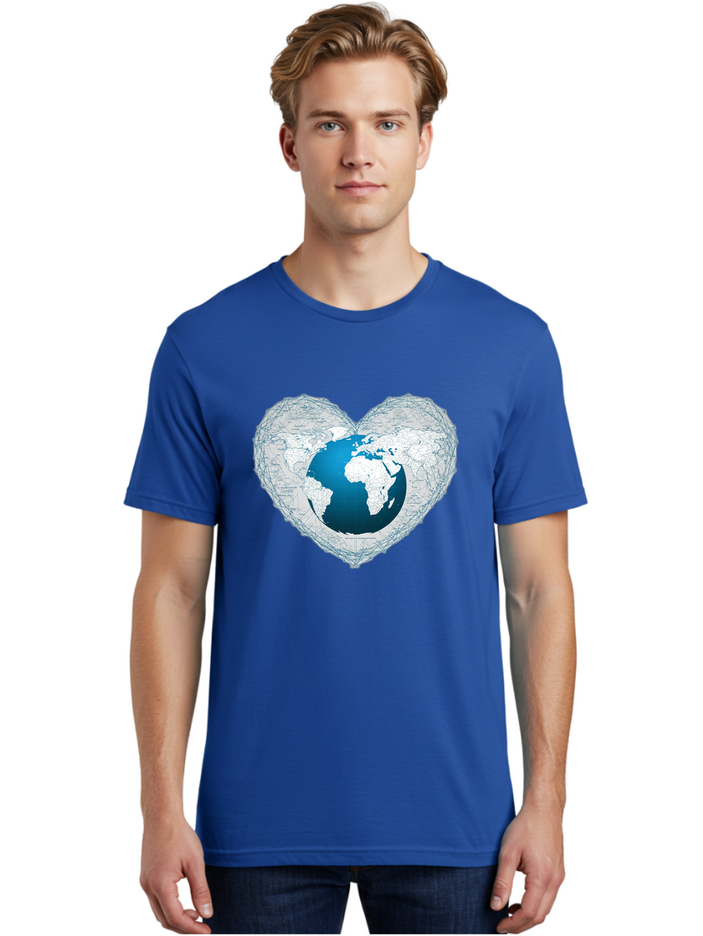Globe-In-Heart-2 Men'S Graphic Tee, 100% Cotton, Comfortable Casual Summer Wear, Machine Washable, Globe In Heart Shape, World Map, Love For The Earth, Global Unity, Blue Gradient, Wireframe Design, Earth Illustration, Heart-Shaped Globe Baa753