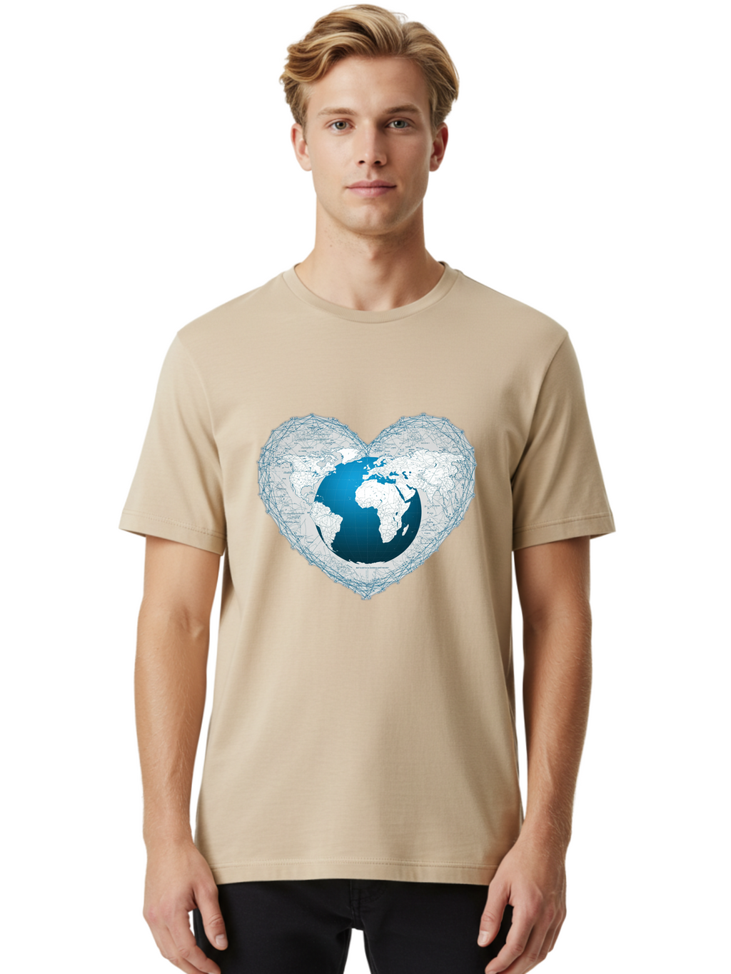 Globe-In-Heart-2 Men'S Graphic Tee, 100% Cotton, Comfortable Casual Summer Wear, Machine Washable, Globe In Heart Shape, World Map, Love For The Earth, Global Unity, Blue Gradient, Wireframe Design, Earth Illustration, Heart-Shaped Globe Baa753