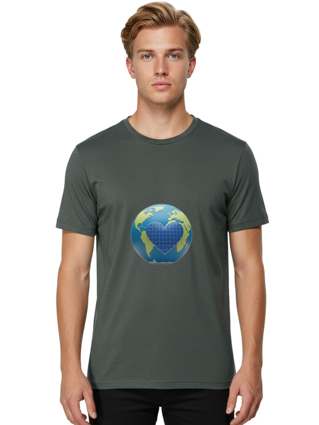 Globe-With-Heart Men'S Graphic Tee, 100% Cotton, Comfortable Casual Summer Wear, Machine Washable, Globe With Heart Shape, World Map, Love For The Planet, Eco-Friendly, Sustainable Living, Global Unity, Heart-Shaped Grid, Baa755