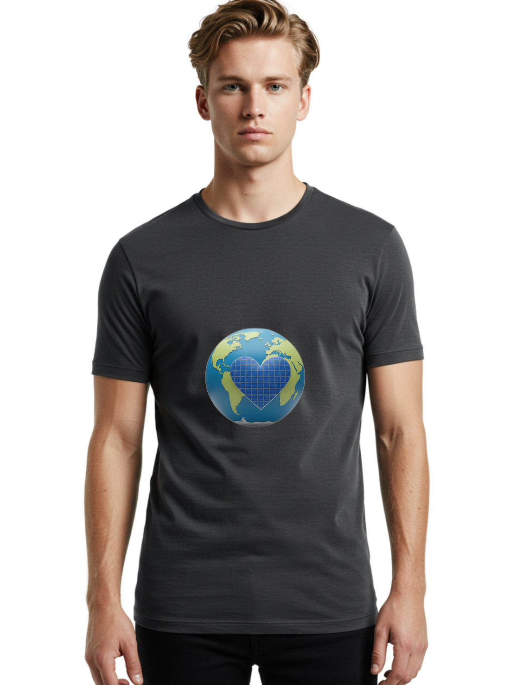 Globe-With-Heart Men'S Graphic Tee, 100% Cotton, Comfortable Casual Summer Wear, Machine Washable, Globe With Heart Shape, World Map, Love For The Planet, Eco-Friendly, Sustainable Living, Global Unity, Heart-Shaped Grid, Baa755