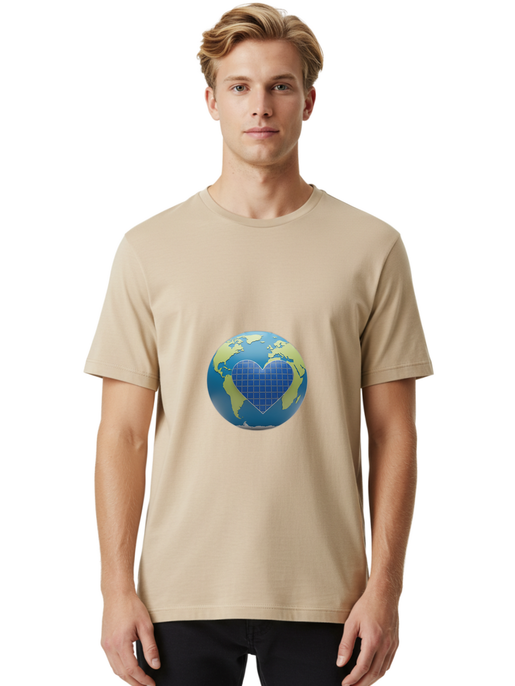 Globe-With-Heart Men'S Graphic Tee, 100% Cotton, Comfortable Casual Summer Wear, Machine Washable, Globe With Heart Shape, World Map, Love For The Planet, Eco-Friendly, Sustainable Living, Global Unity, Heart-Shaped Grid, Baa755