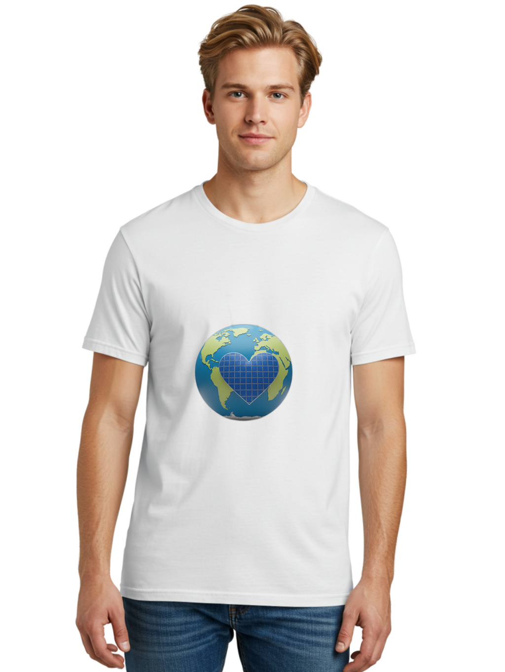 Globe-With-Heart Men'S Graphic Tee, 100% Cotton, Comfortable Casual Summer Wear, Machine Washable, Globe With Heart Shape, World Map, Love For The Planet, Eco-Friendly, Sustainable Living, Global Unity, Heart-Shaped Grid, Baa755