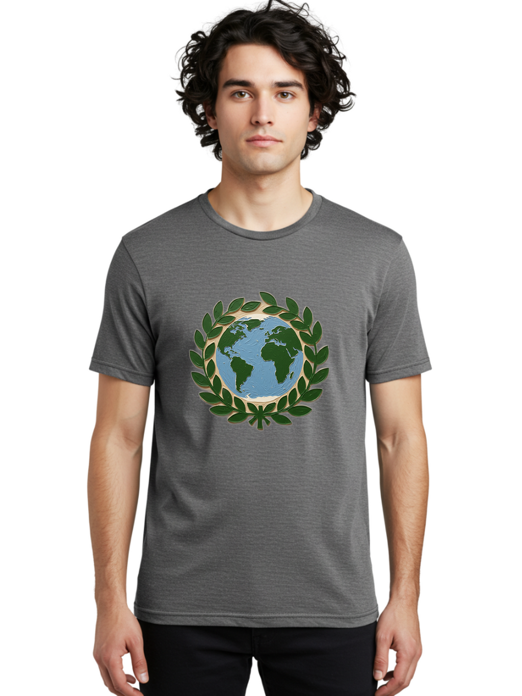 Globe-With-Laurel-Wreath Men'S Graphic Tee, 100% Cotton, Comfortable Casual Summer Wear, Machine Washable, Globe Surrounded By Leaves, Environmental Protection, Eco-Friendly, Conservation, Green Initiatives, Sustainable Living, Earth Day, Baa756