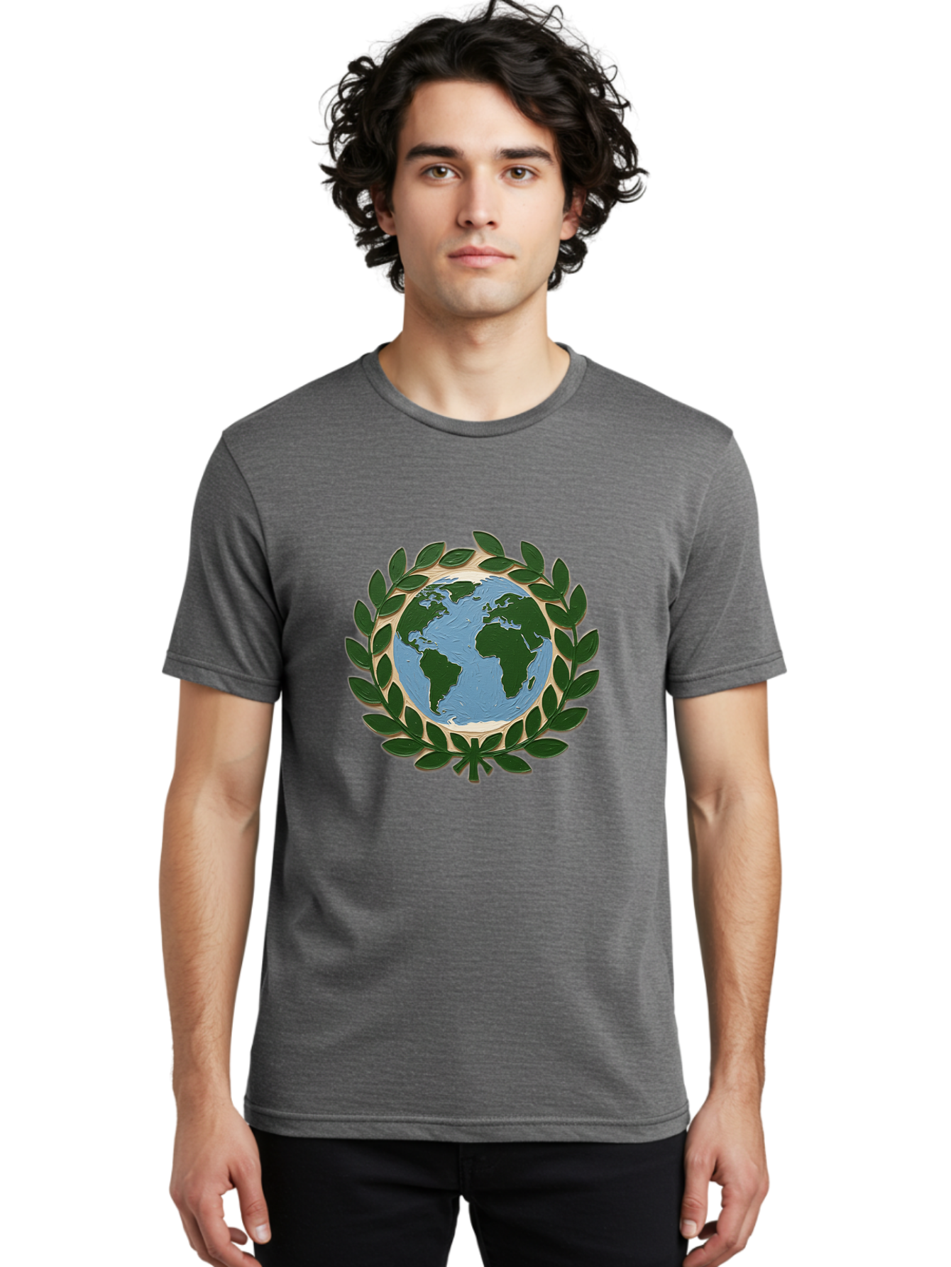 Globe-With-Laurel-Wreath Men'S Graphic Tee, 100% Cotton, Comfortable Casual Summer Wear, Machine Washable, Globe Surrounded By Leaves, Environmental Protection, Eco-Friendly, Conservation, Green Initiatives, Sustainable Living, Earth Day, Baa756