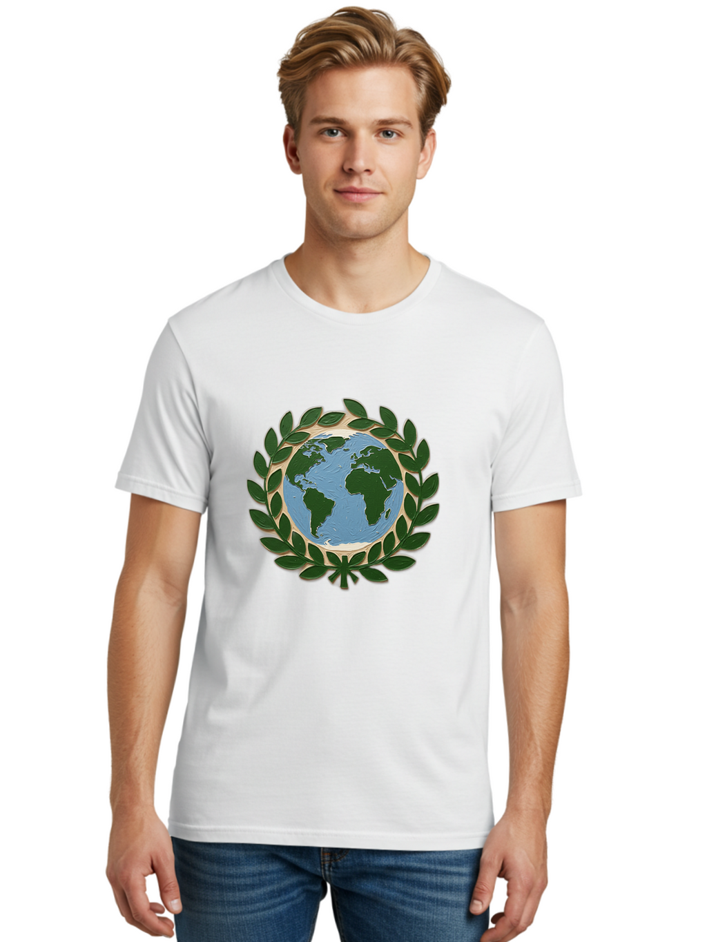 Globe-With-Laurel-Wreath Men'S Graphic Tee, 100% Cotton, Comfortable Casual Summer Wear, Machine Washable, Globe Surrounded By Leaves, Environmental Protection, Eco-Friendly, Conservation, Green Initiatives, Sustainable Living, Earth Day, Baa756