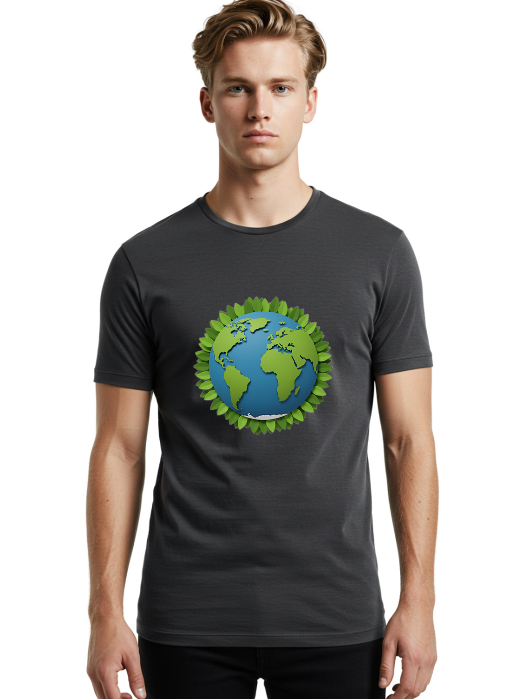 Globe-With-Leaves-1 Men'S Graphic Tee, 100% Cotton, Comfortable Casual Summer Wear, Machine Washable, Globe Surrounded By Leaves, Eco-Friendly, Sustainable Living, Environmental Conservation, Green Earth, World Unity, Going Green, Earth Day Baa757