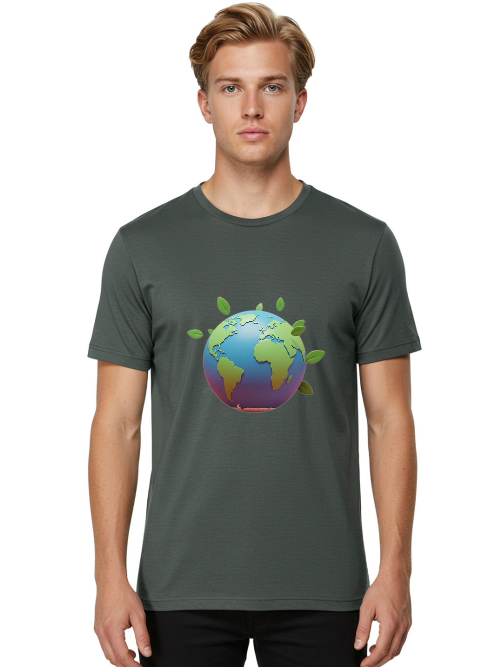 Globe-With-Leaves Men'S Graphic Tee, 100% Cotton, Comfortable Casual Summer Wear, Machine Washable, Globe With Leaves, Eco Friendly, Environmental Awareness, Green Earth, Sustainable Living, Eco Consciousness, World Unity Baa759