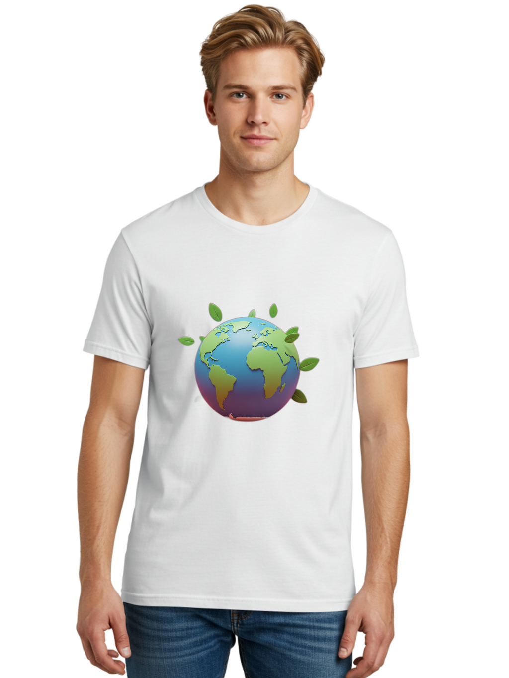 Globe-With-Leaves Men'S Graphic Tee, 100% Cotton, Comfortable Casual Summer Wear, Machine Washable, Globe With Leaves, Eco Friendly, Environmental Awareness, Green Earth, Sustainable Living, Eco Consciousness, World Unity Baa759