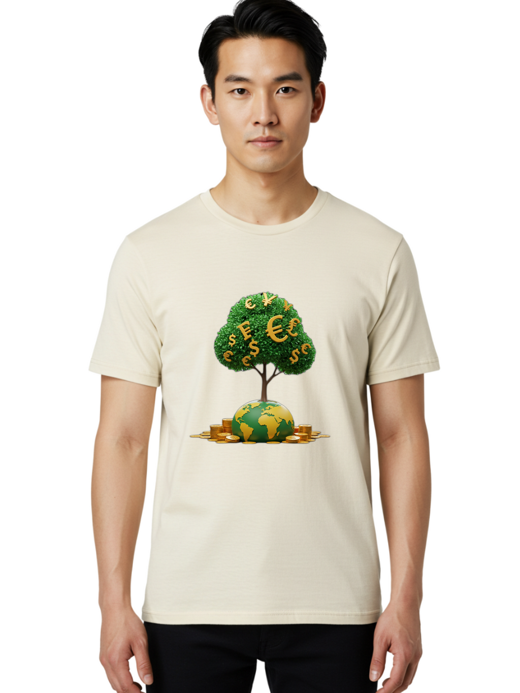 Globe-With-Money-Tree Men'S Graphic Tee, 100% Cotton, Comfortable Casual Summer Wear, Machine Washable, Globe With Money Tree, World Economy, Financial Growth, Euro And Dollar Signs, Global Prosperity, Economic Success, Wealth And Finance, Baa760