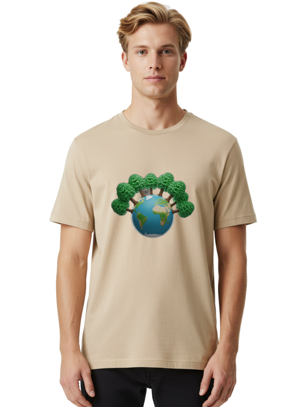 Globe-With-Trees Men'S Graphic Tee, 100% Cotton, Comfortable Casual Summer Wear, Machine Washable, Globe With Trees, Earth Illustration, Virus Concept, Environmental Awareness, Eco Friendly, Tree Hugging Earth, Coronavirus, Global Unity, Baa761