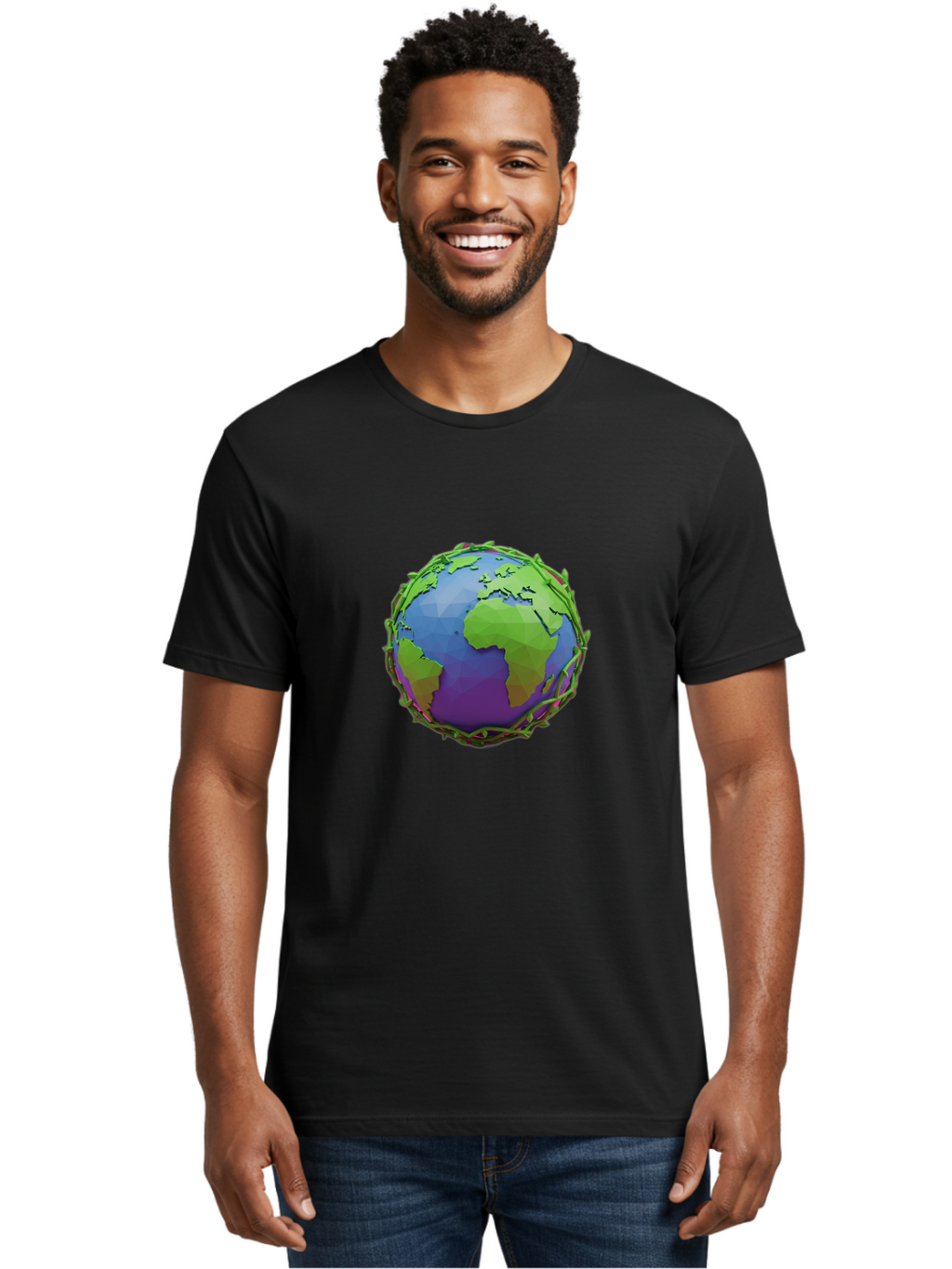 Globe-Wrapped-In-Chains Men'S Graphic Tee, 100% Cotton, Comfortable Casual Summer Wear, Machine Washable, 3D Globe, Chain-Like Vines Wrapping, Global Unity, Earthy Tones, Eco-Friendly Theme, Environmental Awareness, Natural Elements Baa763
