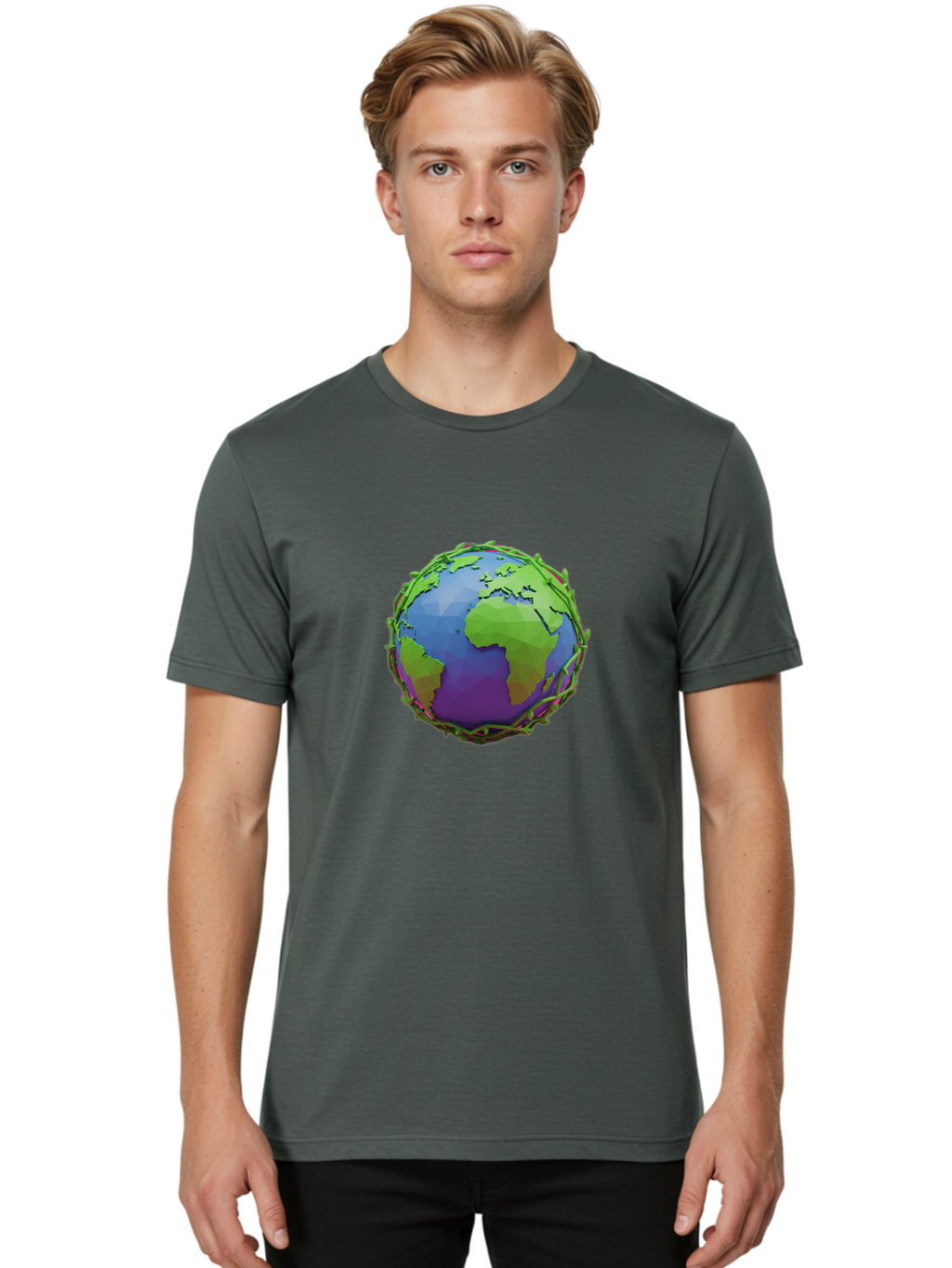 Globe-Wrapped-In-Chains Men'S Graphic Tee, 100% Cotton, Comfortable Casual Summer Wear, Machine Washable, 3D Globe, Chain-Like Vines Wrapping, Global Unity, Earthy Tones, Eco-Friendly Theme, Environmental Awareness, Natural Elements Baa763