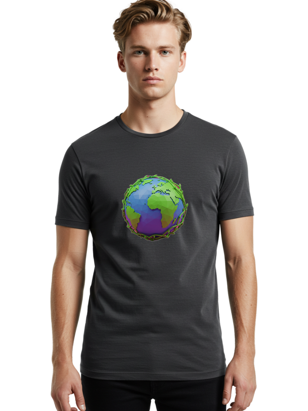 Globe-Wrapped-In-Chains Men'S Graphic Tee, 100% Cotton, Comfortable Casual Summer Wear, Machine Washable, 3D Globe, Chain-Like Vines Wrapping, Global Unity, Earthy Tones, Eco-Friendly Theme, Environmental Awareness, Natural Elements Baa763