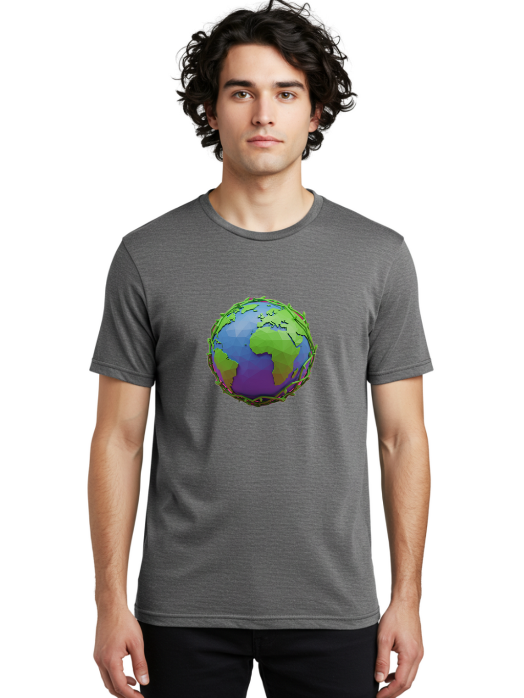 Globe-Wrapped-In-Chains Men'S Graphic Tee, 100% Cotton, Comfortable Casual Summer Wear, Machine Washable, 3D Globe, Chain-Like Vines Wrapping, Global Unity, Earthy Tones, Eco-Friendly Theme, Environmental Awareness, Natural Elements Baa763