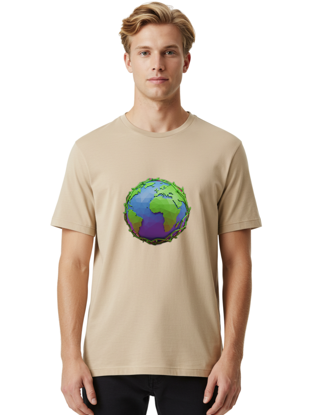 Globe-Wrapped-In-Chains Men'S Graphic Tee, 100% Cotton, Comfortable Casual Summer Wear, Machine Washable, 3D Globe, Chain-Like Vines Wrapping, Global Unity, Earthy Tones, Eco-Friendly Theme, Environmental Awareness, Natural Elements Baa763