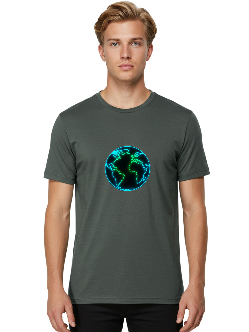 Glowing-Earth Men'S Graphic Tee, 100% Cotton, Comfortable Casual Summer Wear, Machine Washable, Glowing Earth, Neon Map, Global Technology, Digital Planet, Africa And South America Centered, Futuristic Design, Blue And Green Glow Baa765