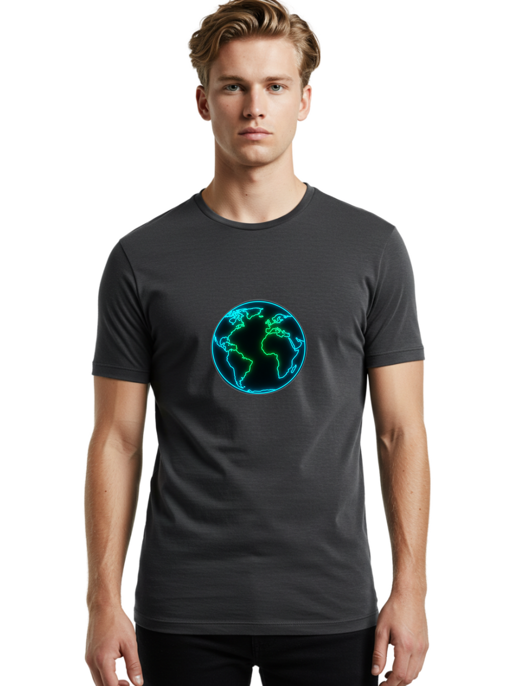 Glowing-Earth Men'S Graphic Tee, 100% Cotton, Comfortable Casual Summer Wear, Machine Washable, Glowing Earth, Neon Map, Global Technology, Digital Planet, Africa And South America Centered, Futuristic Design, Blue And Green Glow Baa765