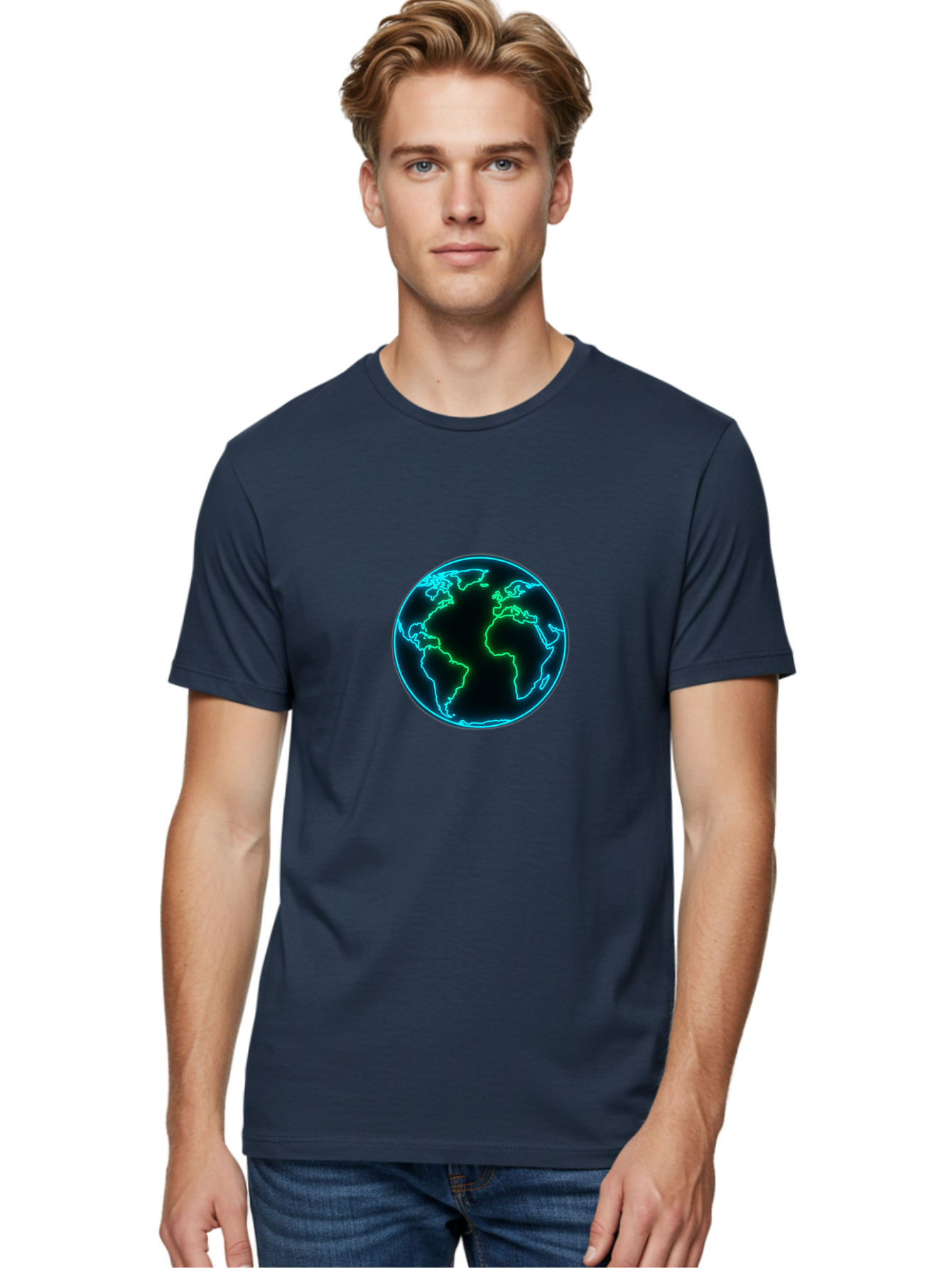 Glowing-Earth Men'S Graphic Tee, 100% Cotton, Comfortable Casual Summer Wear, Machine Washable, Glowing Earth, Neon Map, Global Technology, Digital Planet, Africa And South America Centered, Futuristic Design, Blue And Green Glow Baa765