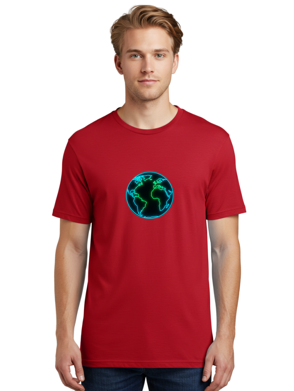 Glowing-Earth Men'S Graphic Tee, 100% Cotton, Comfortable Casual Summer Wear, Machine Washable, Glowing Earth, Neon Map, Global Technology, Digital Planet, Africa And South America Centered, Futuristic Design, Blue And Green Glow Baa765