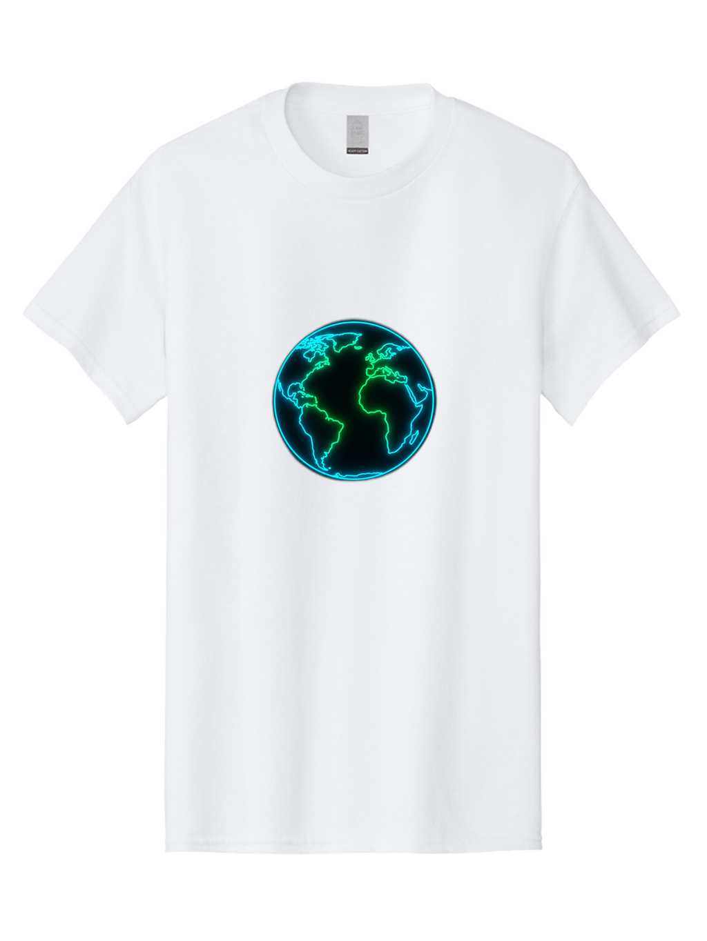Glowing-Earth Men'S Graphic Tee, 100% Cotton, Comfortable Casual Summer Wear, Machine Washable, Glowing Earth, Neon Map, Global Technology, Digital Planet, Africa And South America Centered, Futuristic Design, Blue And Green Glow Baa765