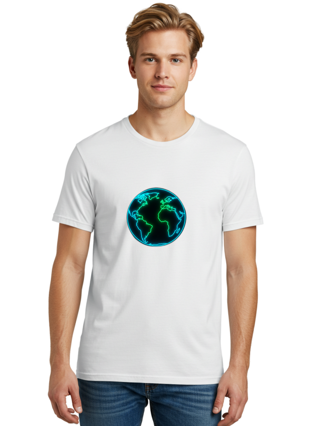 Glowing-Earth Men'S Graphic Tee, 100% Cotton, Comfortable Casual Summer Wear, Machine Washable, Glowing Earth, Neon Map, Global Technology, Digital Planet, Africa And South America Centered, Futuristic Design, Blue And Green Glow Baa765