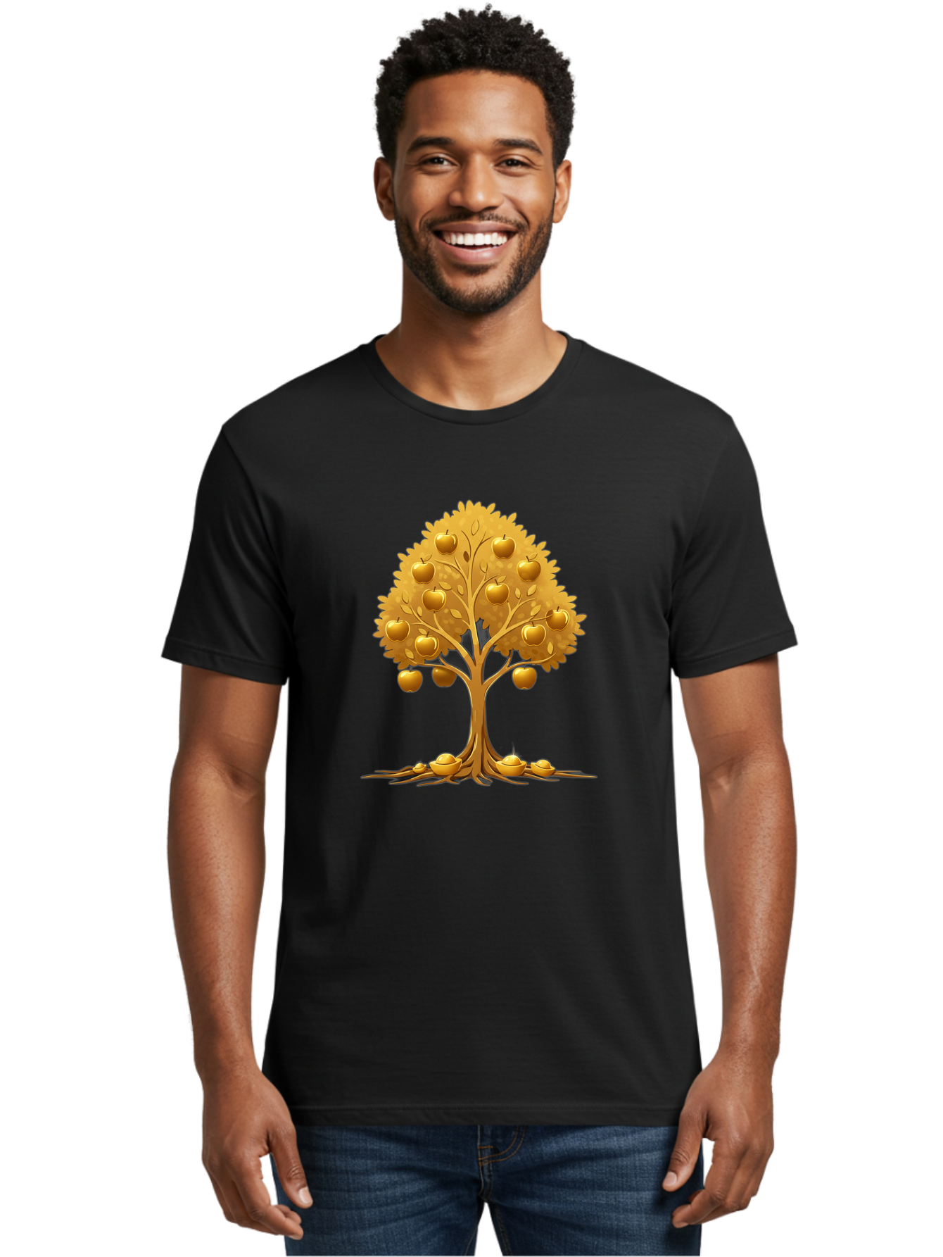 Golden-Apple-Tree Men'S Graphic Tee, 100% Cotton, Comfortable Casual Summer Wear, Machine Washable, Golden Apple Tree, Fruiting Tree, Lush Foliage, Abundant Harvest, Tree Roots, Golden Apples, Autumnal Theme, Symbol Of Prosperity Baa766