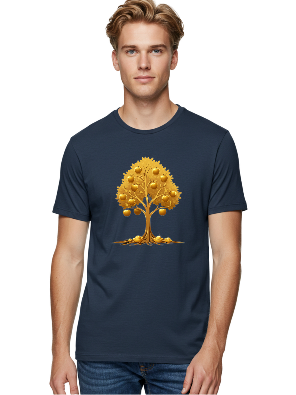 Golden-Apple-Tree Men'S Graphic Tee, 100% Cotton, Comfortable Casual Summer Wear, Machine Washable, Golden Apple Tree, Fruiting Tree, Lush Foliage, Abundant Harvest, Tree Roots, Golden Apples, Autumnal Theme, Symbol Of Prosperity Baa766